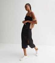 New Look Tall Black Satin Lace Trim Split Midi Skirt